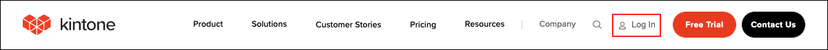 スクリーンショット：Kintoneサイトのヘッダー。[Log In]が枠線で強調されている
