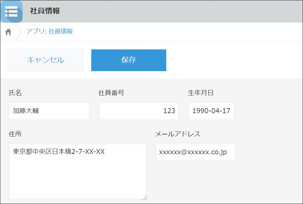 スクリーンショット：情報の入力が完了した［レコードの詳細］画面