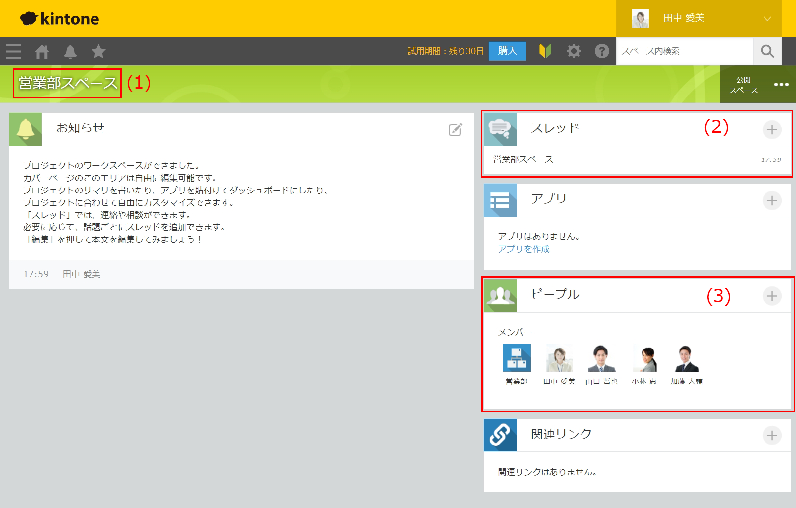 スクリーンショット：完成した「営業部スペース」の画面
