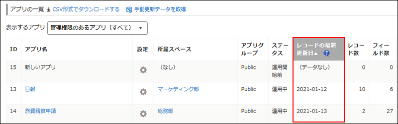 スクリーンショット：日付の昇順（古い順）でソートした［レコードの最終更新日］列が強調されている