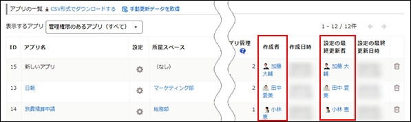 スクリーンショット：［作成者］列と［設定の最終更新者］列が強調された［アプリ管理］画面