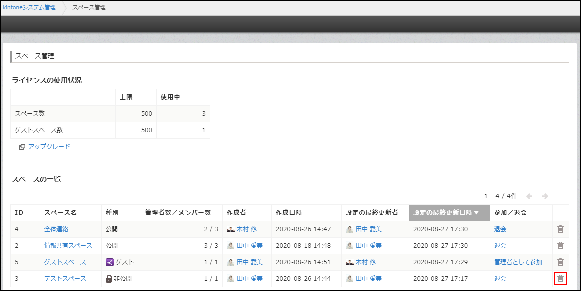 スクリーンショット:スペース管理画面