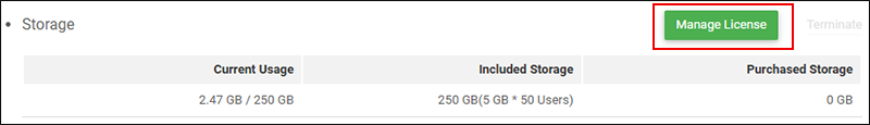 スクリーンショット：［Storage］にある［Manage License］ボタンを枠線で強調している