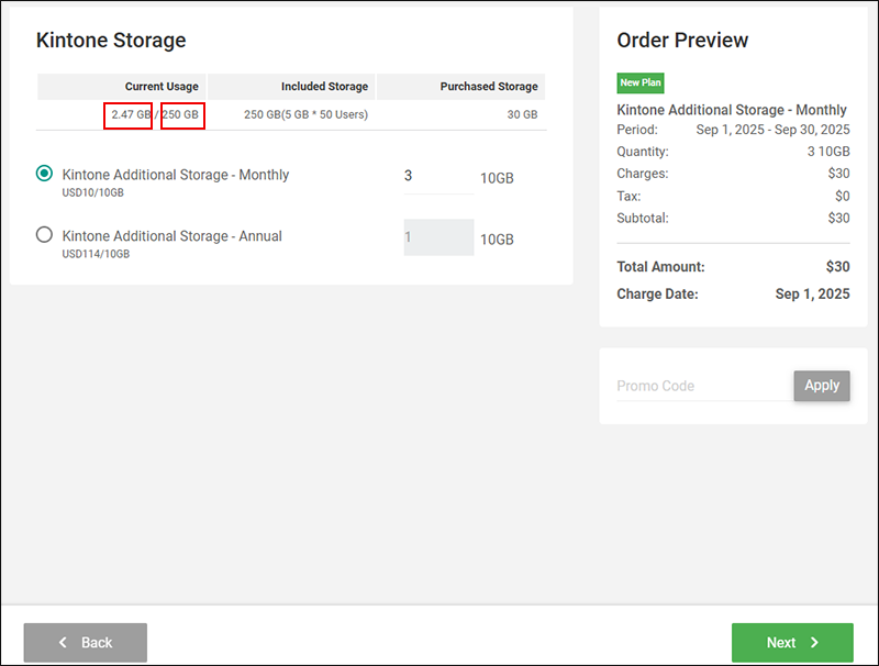 スクリーンショット：［Current Usage］に表示されているストレージ使用量とストレージ容量をそれぞれ枠線で強調している