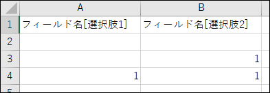 スクリーンショット:選択された項目の値が、選択肢ごとの列に分かれてファイルに出力されている