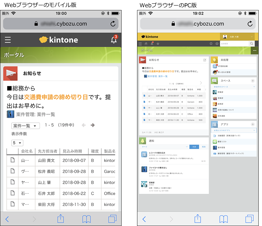 スクリーンショット:Webブラウザーでモバイル版とPC版を表示したときの画面を比較している