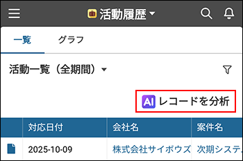 スクリーンショット：［レコードを分析］が強調されているレコードの一覧画面