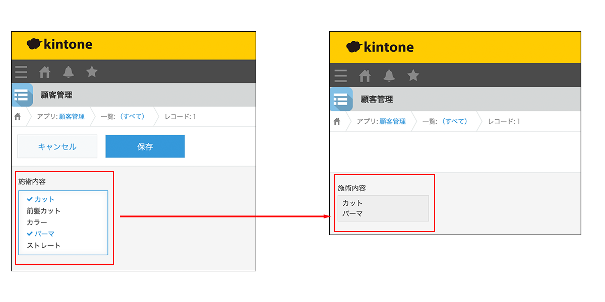 スクリーンショット:アプリの複数選択の入力欄の例