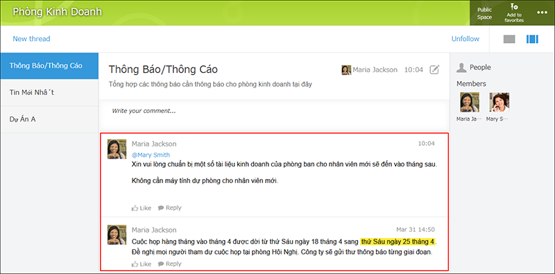 スクリーンショット:スペースのスレッドでベトナム語を使用している