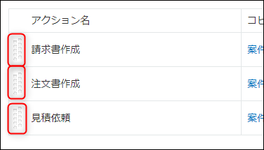 スクリーンショット：アクションの並び替えアイコンを枠線で強調している