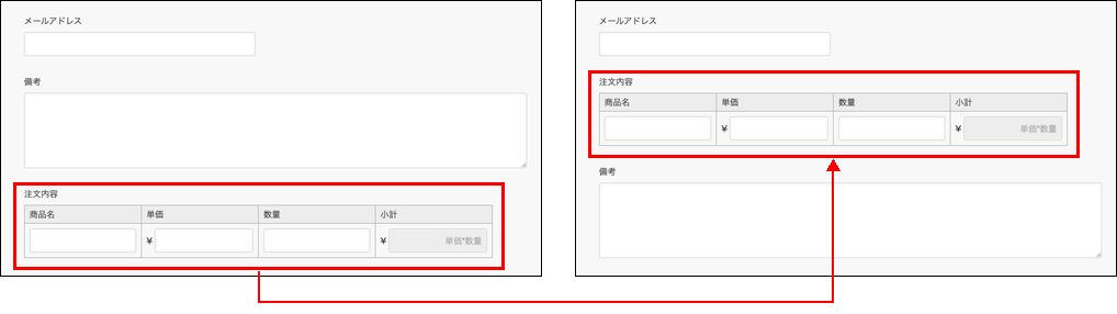 スクリーンショット：［テーブル］の位置を移動している