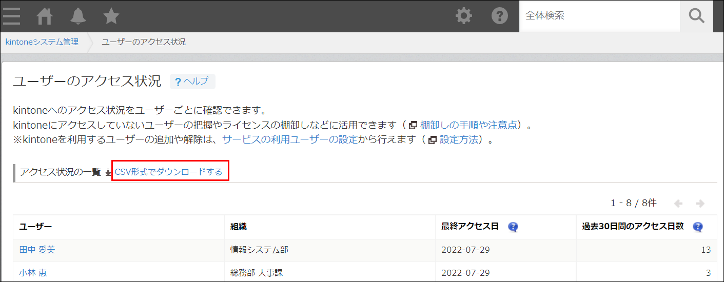 スクリーンショット：［ユーザーのアクセス状況］画面のCSVダウンロードボタン