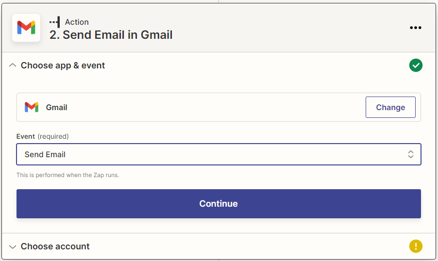 スクリーンショット：［Event］に[Send Email]が選択されている