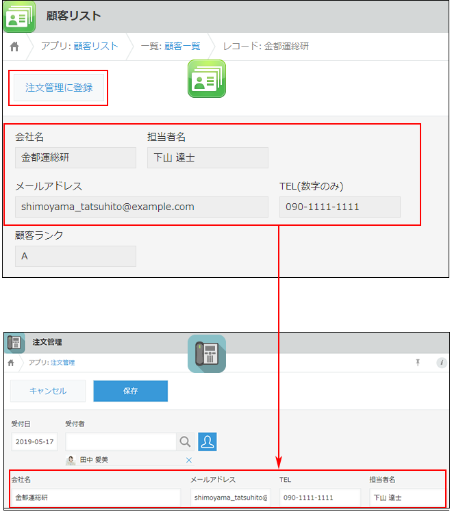 スクリーンショット:アクションボタンとアプリアクションを使って転記するフィールドを枠線で強調している