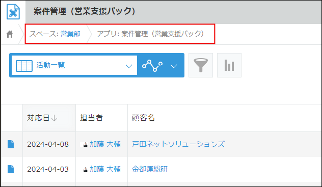スクリーンショット:スペース名の下に表示される階層順のリスト