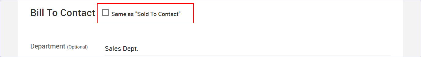 スクリーンショット：［Same as "Sold To Contact"］の選択を外している