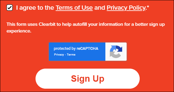 スクリーンショット：［I agree to the Terms of Use and Privacy Policy.］と［Sign Up］が表示されている